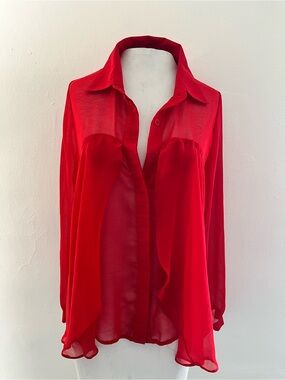 verty Red Sheer Button-Up Blouse